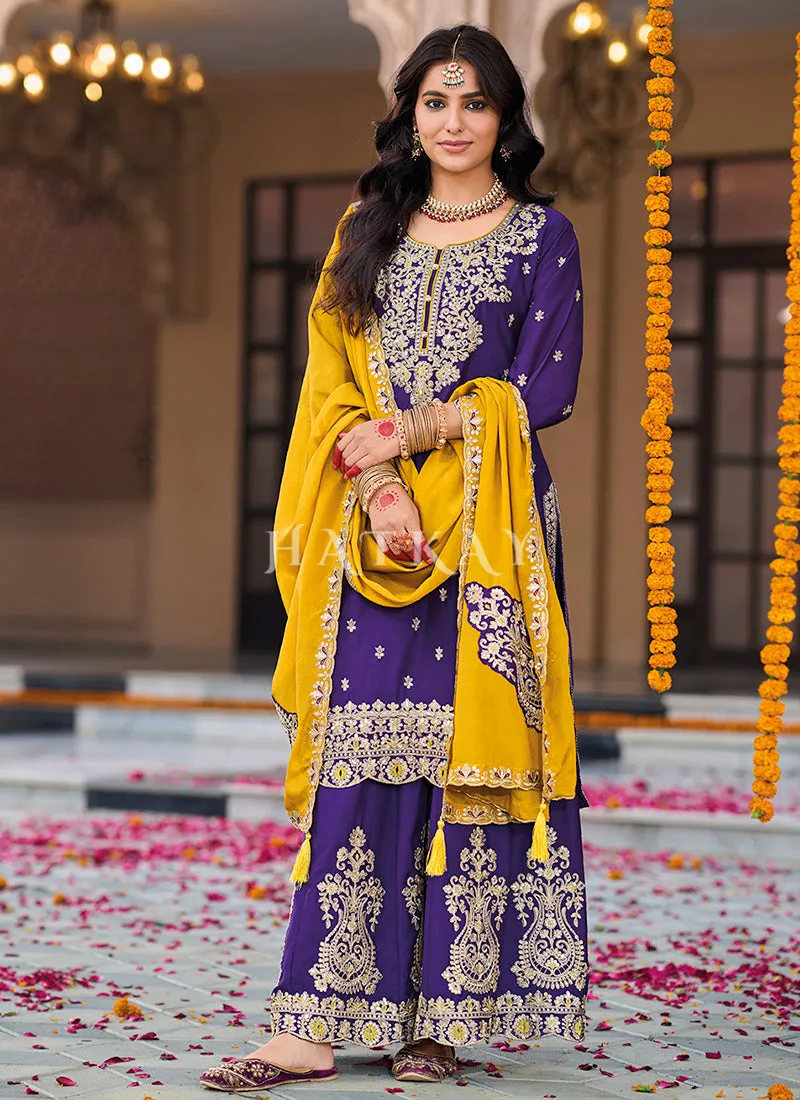 Purple And Yellow Embroidery Palazzo Suit