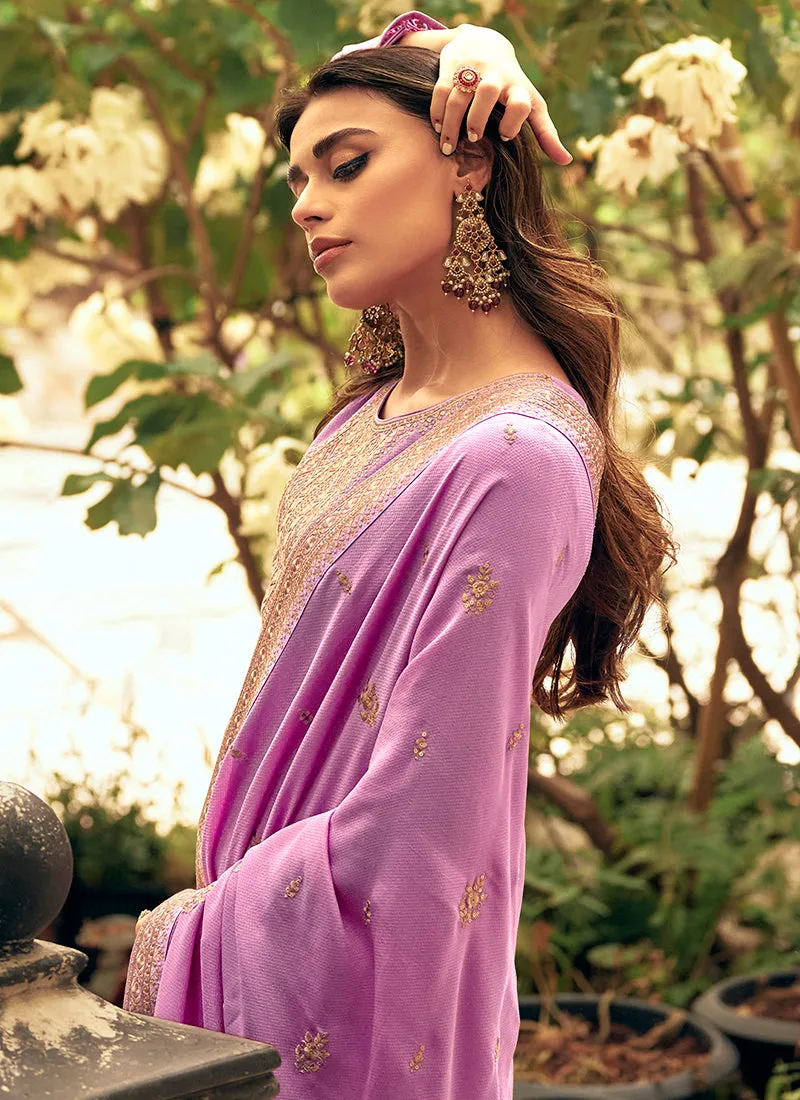 Purple Sequence Embroidery Silk Palazzo Suit