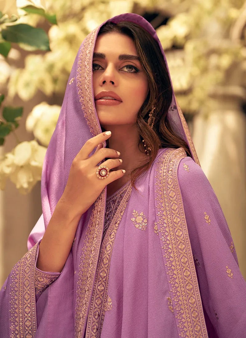 Purple Sequence Embroidery Silk Palazzo Suit