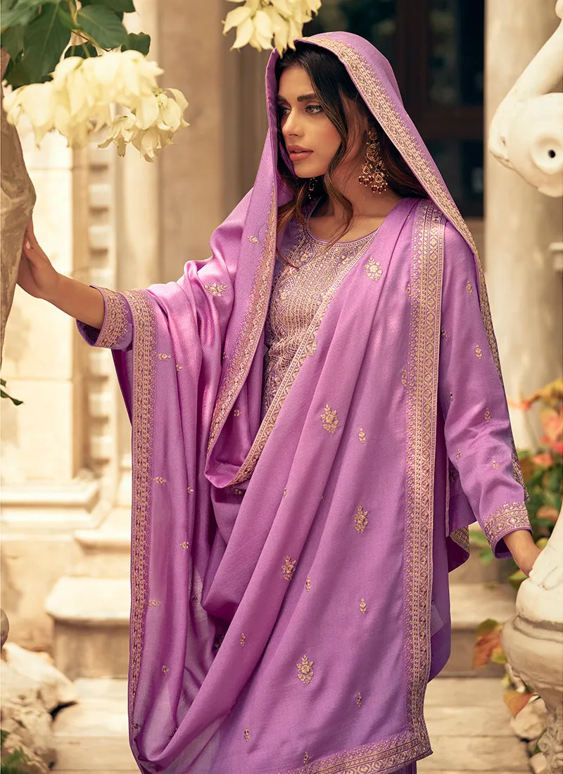 Purple Sequence Embroidery Silk Palazzo Suit