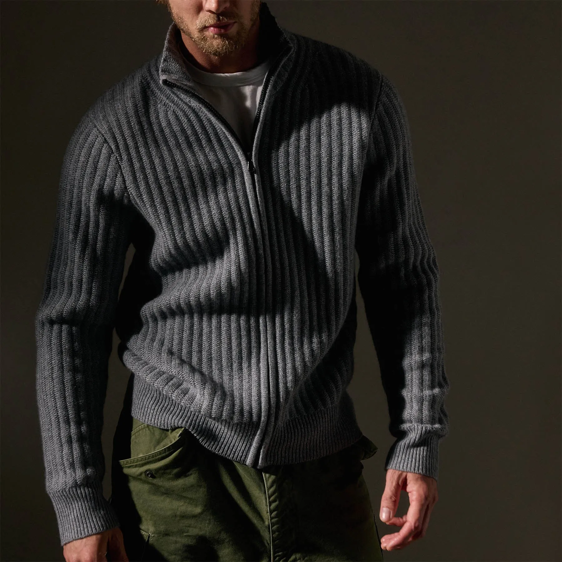 Recycled Cashmere Ribbed Zip Up - Heather Grey