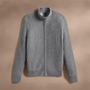 Recycled Cashmere Ribbed Zip Up - Heather Grey