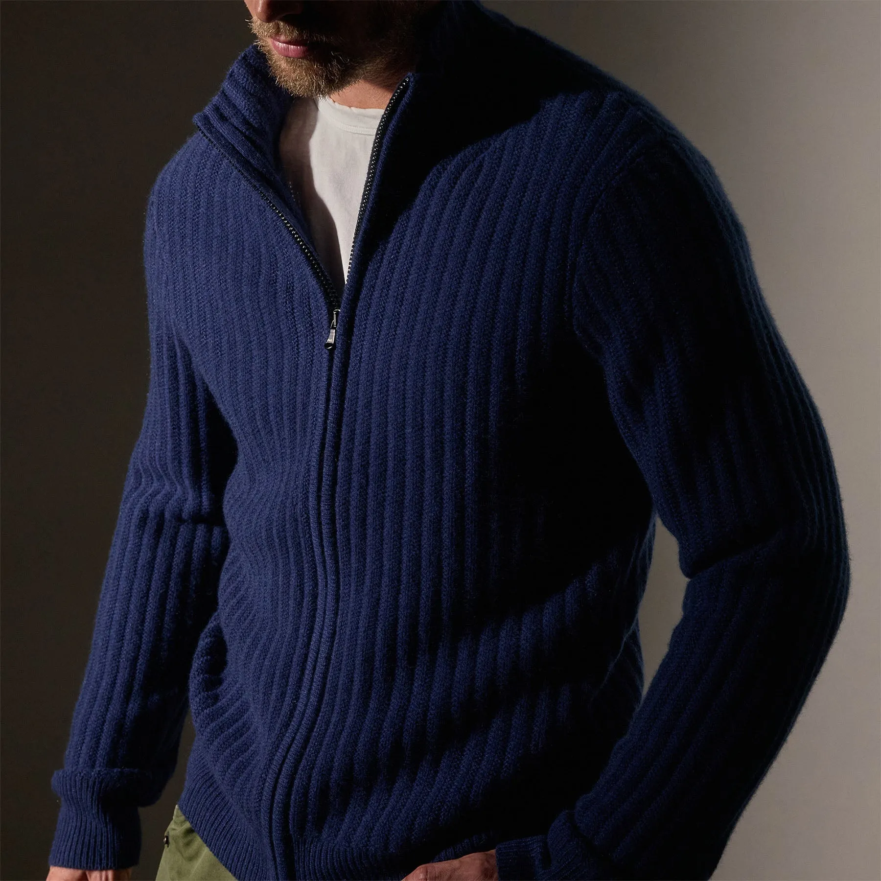 Recycled Cashmere Ribbed Zip Up - Royal Blue