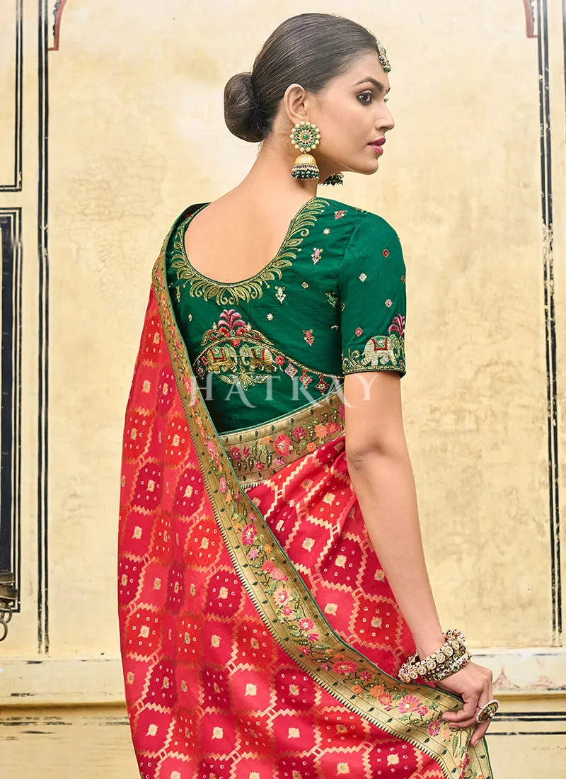 Red And Green Multi Embroidery Traditional Silk Saree