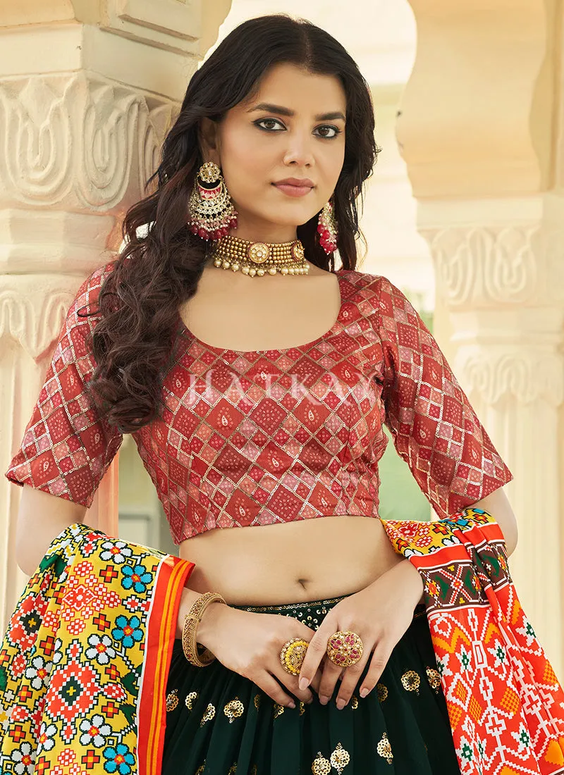 Red And Green Sequence Embroidery Lehenga Choli