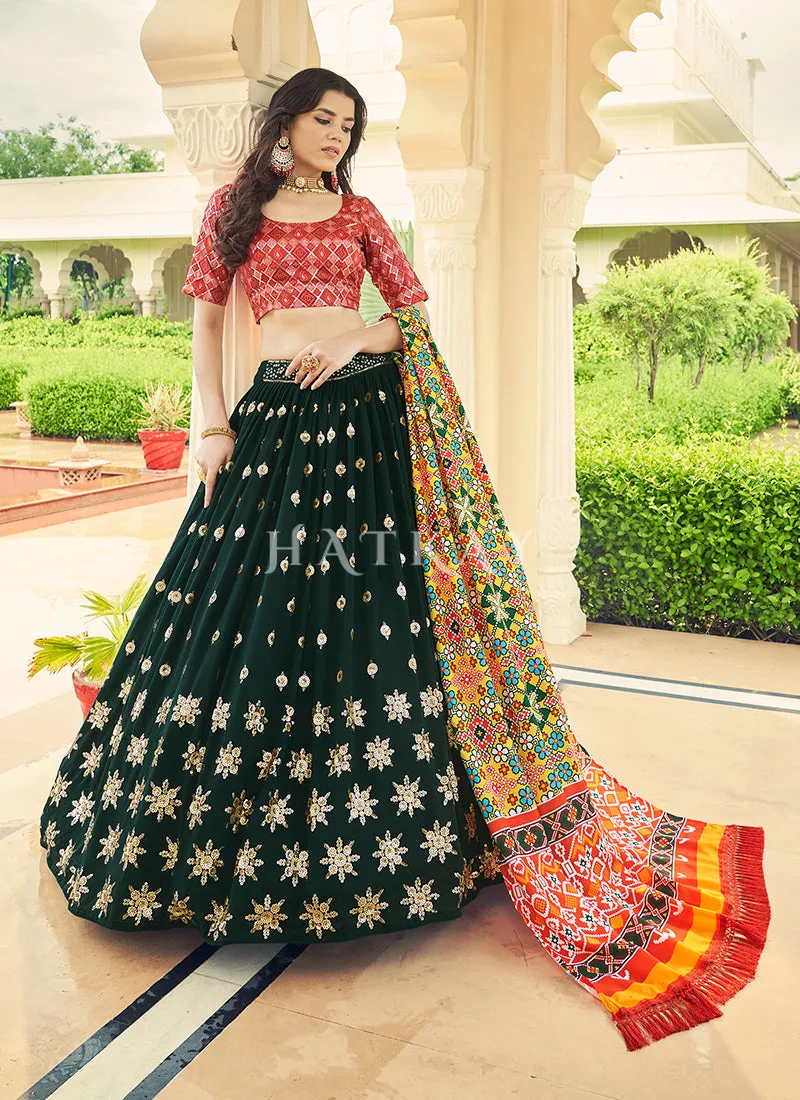 Red And Green Sequence Embroidery Lehenga Choli