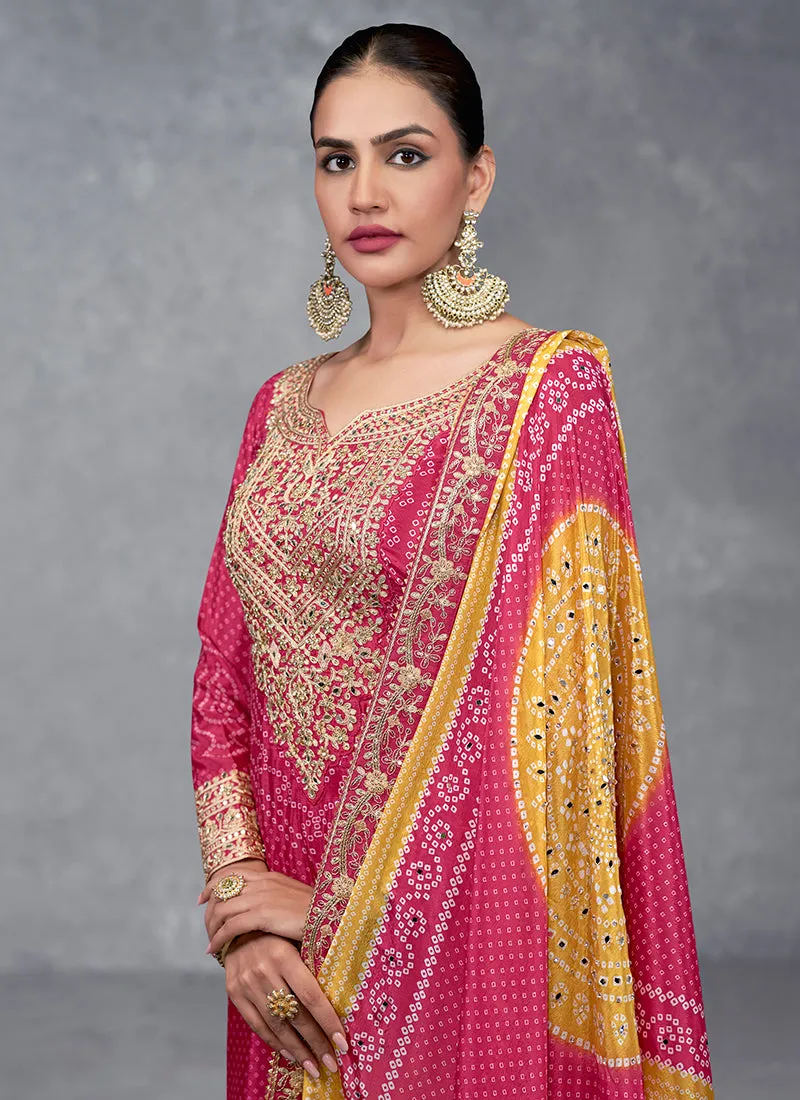 Red And Yellow Mirror Embroidery Bandhani Prited Palazzo Suit