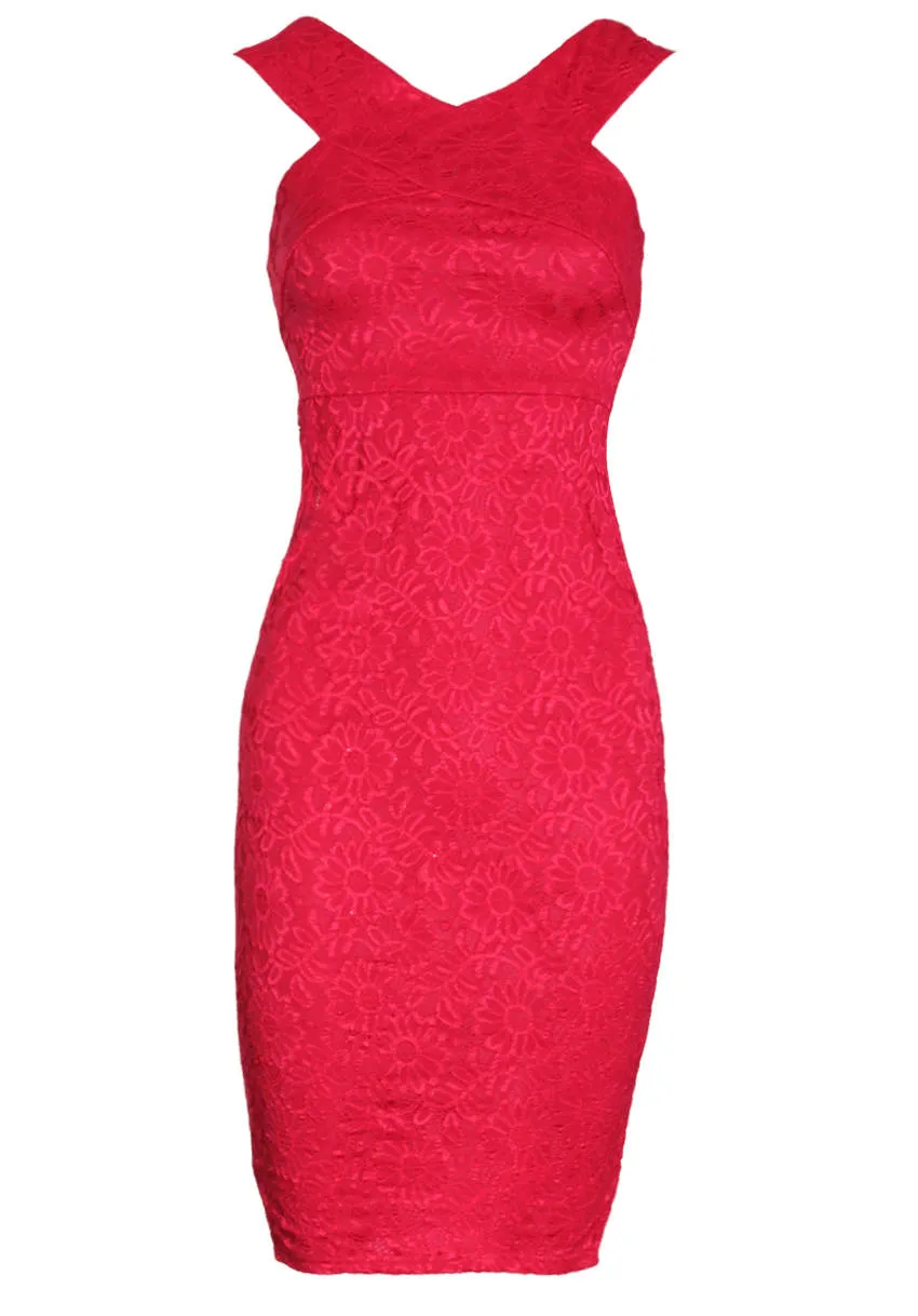 Red Cross Front Lace Midi Dress
