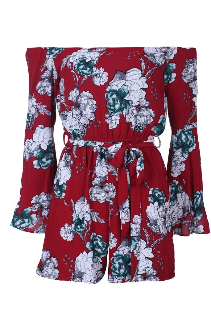 Red Floral Bardot Flared Sleeve Playsuit