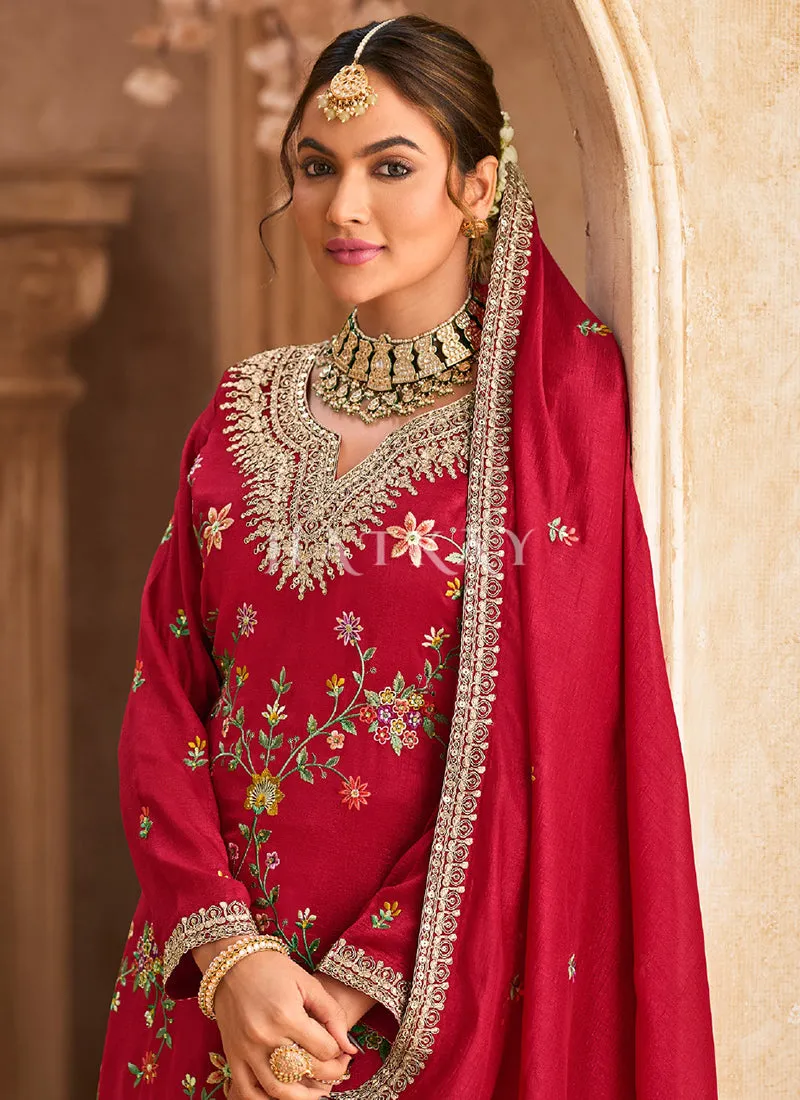 Red Multi Embroidery Palazzo Style Suit