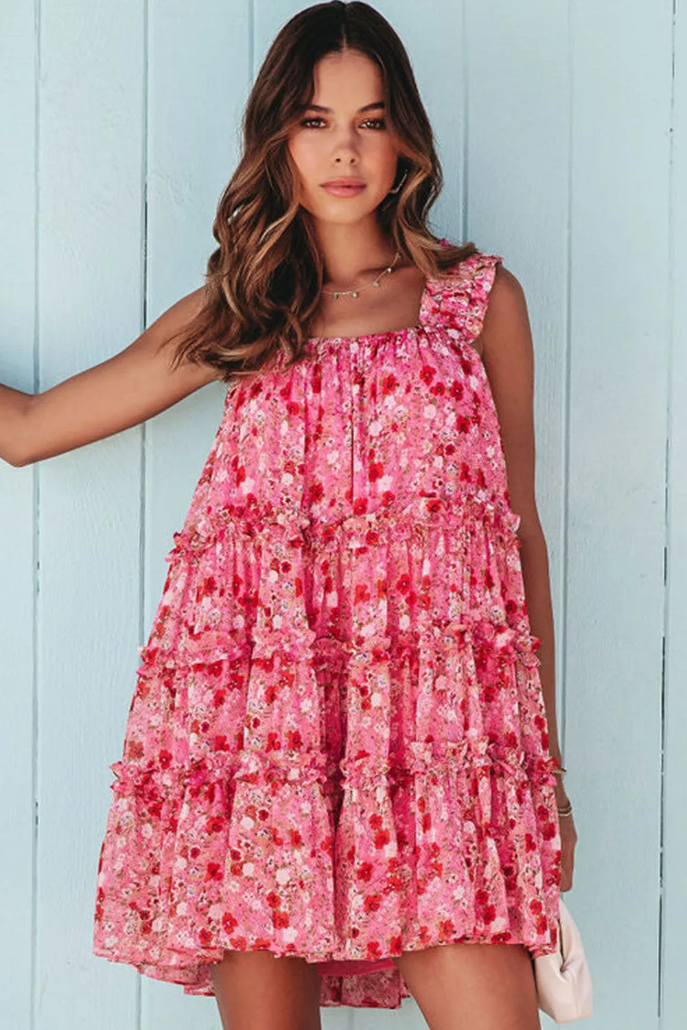 Red Tiered Ruffled Square Neck Sleeveless Floral Mini Dress