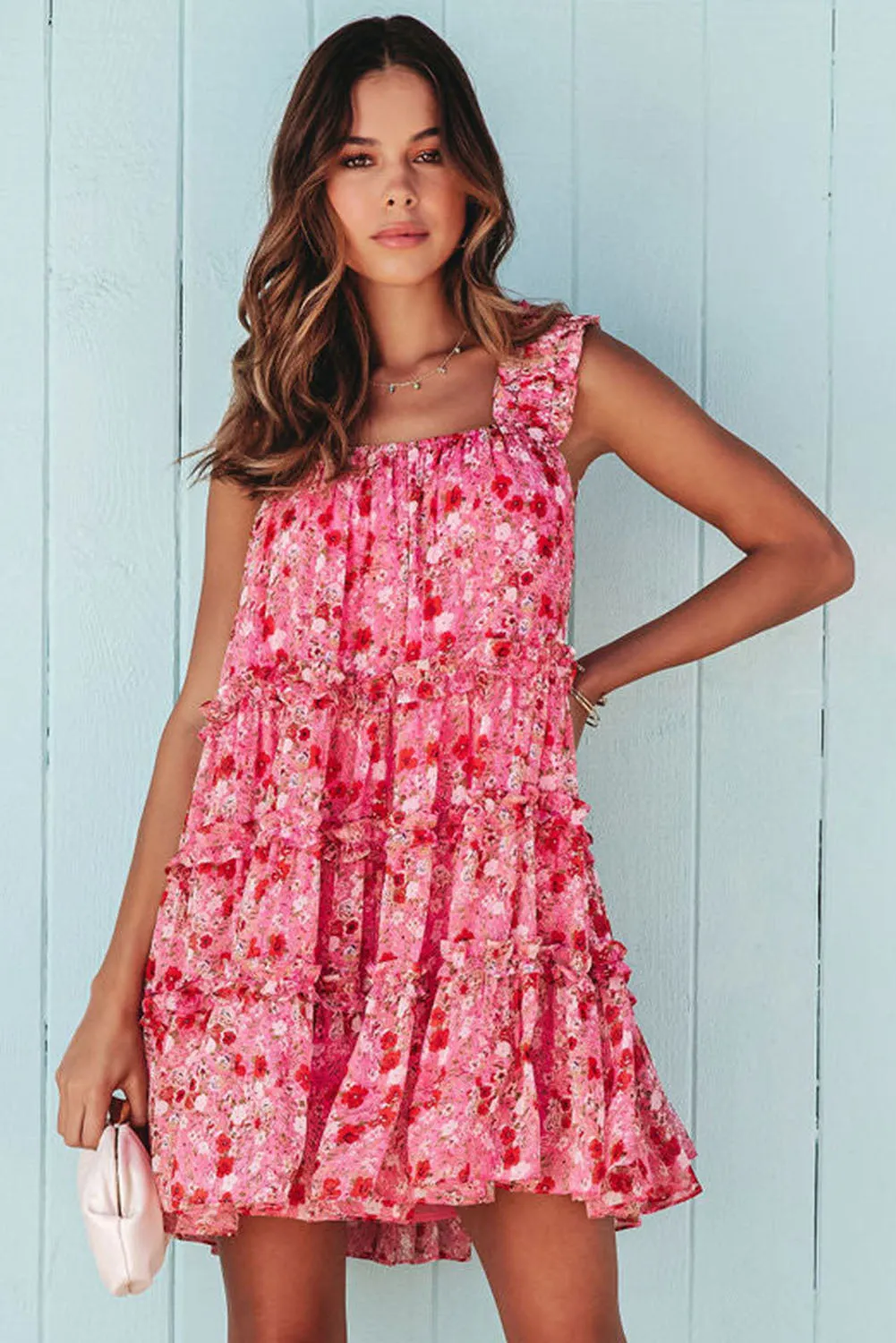 Red Tiered Ruffled Square Neck Sleeveless Floral Mini Dress