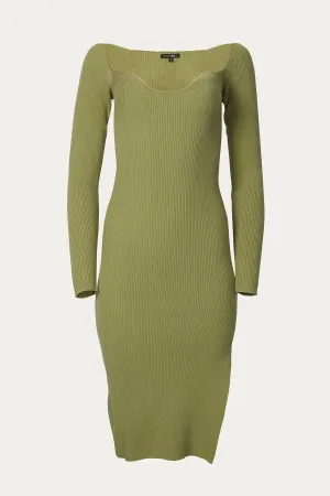 RIBBED-KNIT SWEETHEART-NECK MIDI DRESS