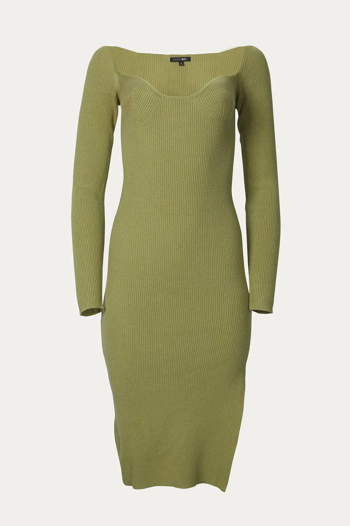 RIBBED-KNIT SWEETHEART-NECK MIDI DRESS