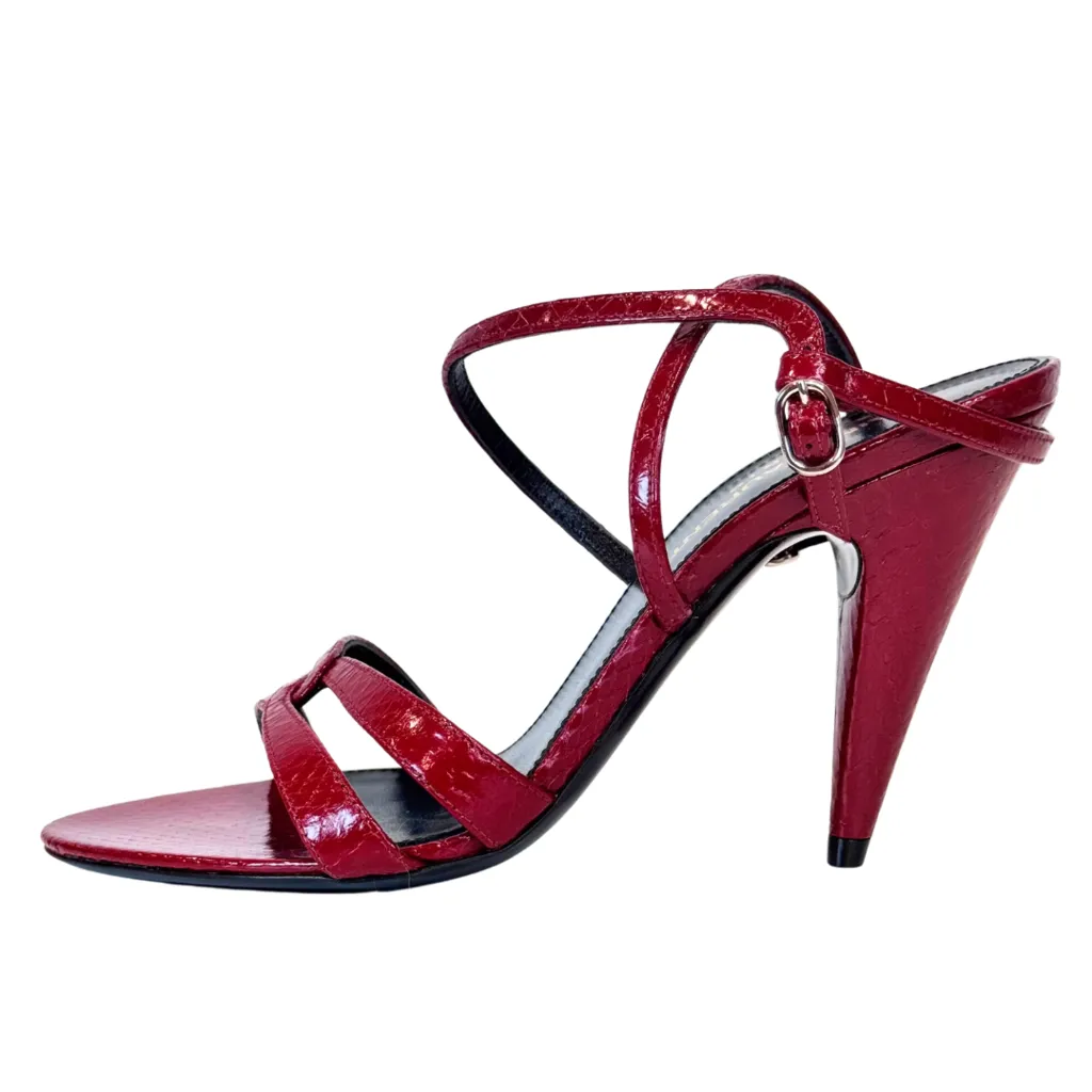 Saint Laurent Red Cross Strap Sandal Heels, 35