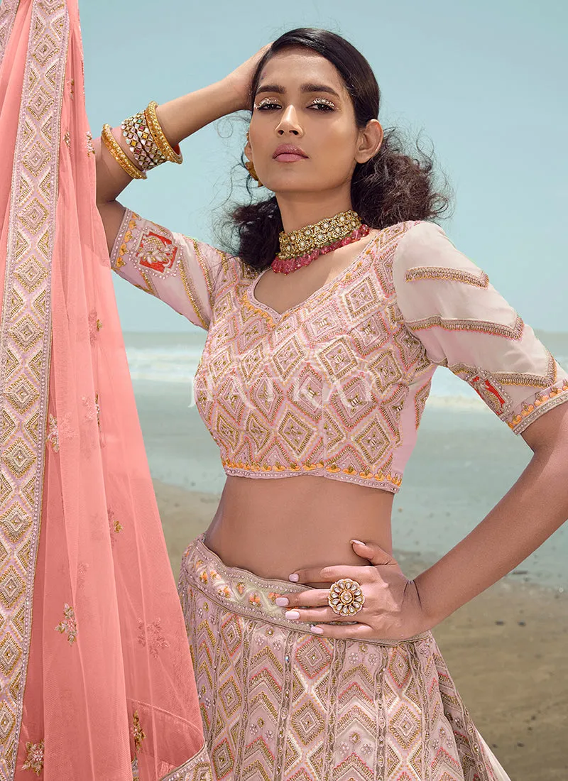 Salmon Pink Zarkan Embroidered Designer Lehenga Choli