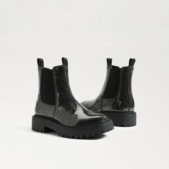 Sam Edelman Black Sparkle Patent Leather Laguna Chelsea Boots in Gunmetal size 2