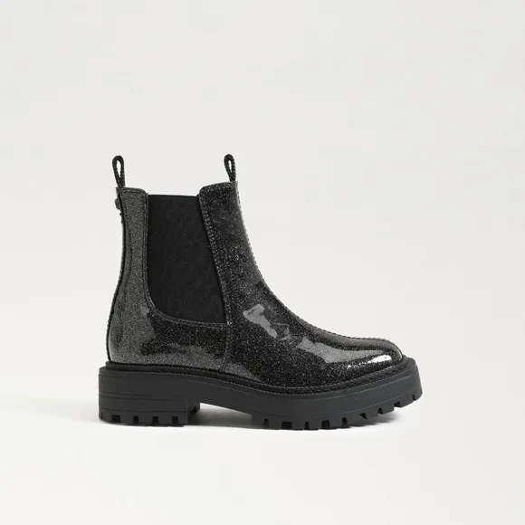 Sam Edelman Black Sparkle Patent Leather Laguna Chelsea Boots in Gunmetal size 2