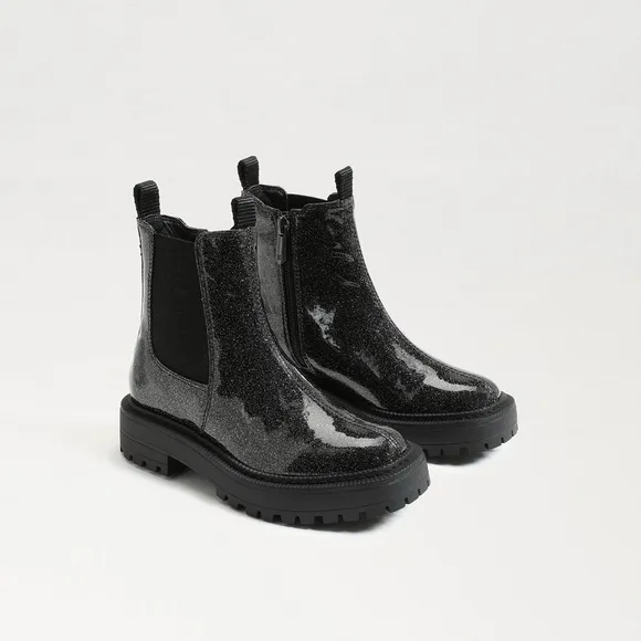Sam Edelman Black Sparkle Patent Leather Laguna Chelsea Boots in Gunmetal size 2