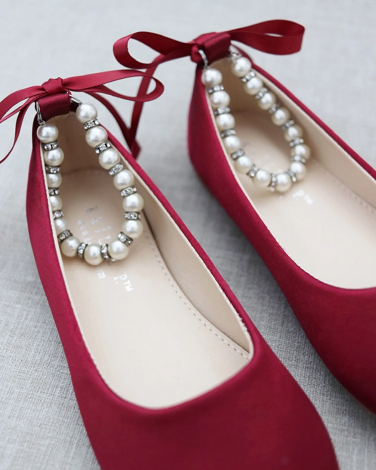 Satin Flats with Pearls Ankle Strap