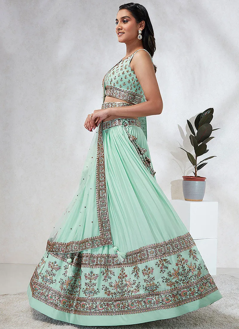 Sea Green Multi Embroidery Wedding Lehenga Choli And Dupatta