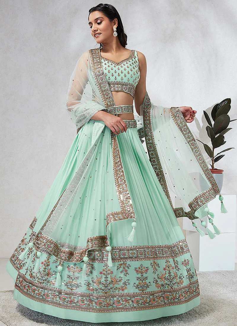 Sea Green Multi Embroidery Wedding Lehenga Choli And Dupatta