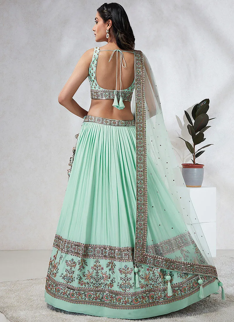 Sea Green Multi Embroidery Wedding Lehenga Choli And Dupatta