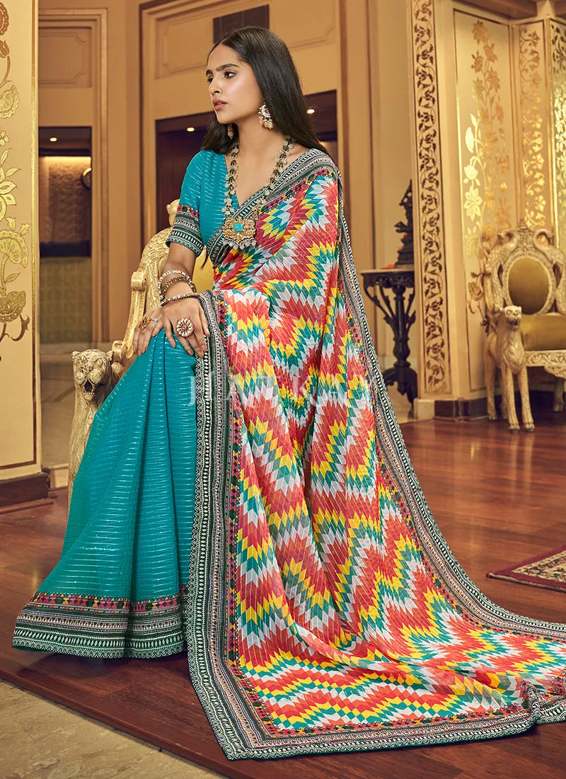 Sky Blue Sequence Printed Georgette Saree