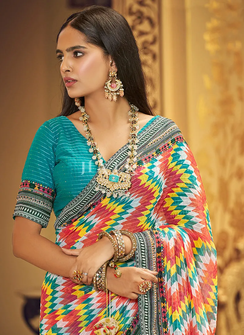 Sky Blue Sequence Printed Georgette Saree
