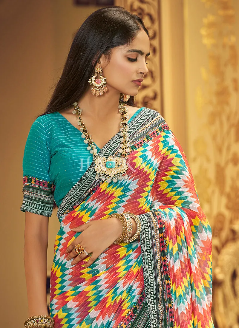 Sky Blue Sequence Printed Georgette Saree