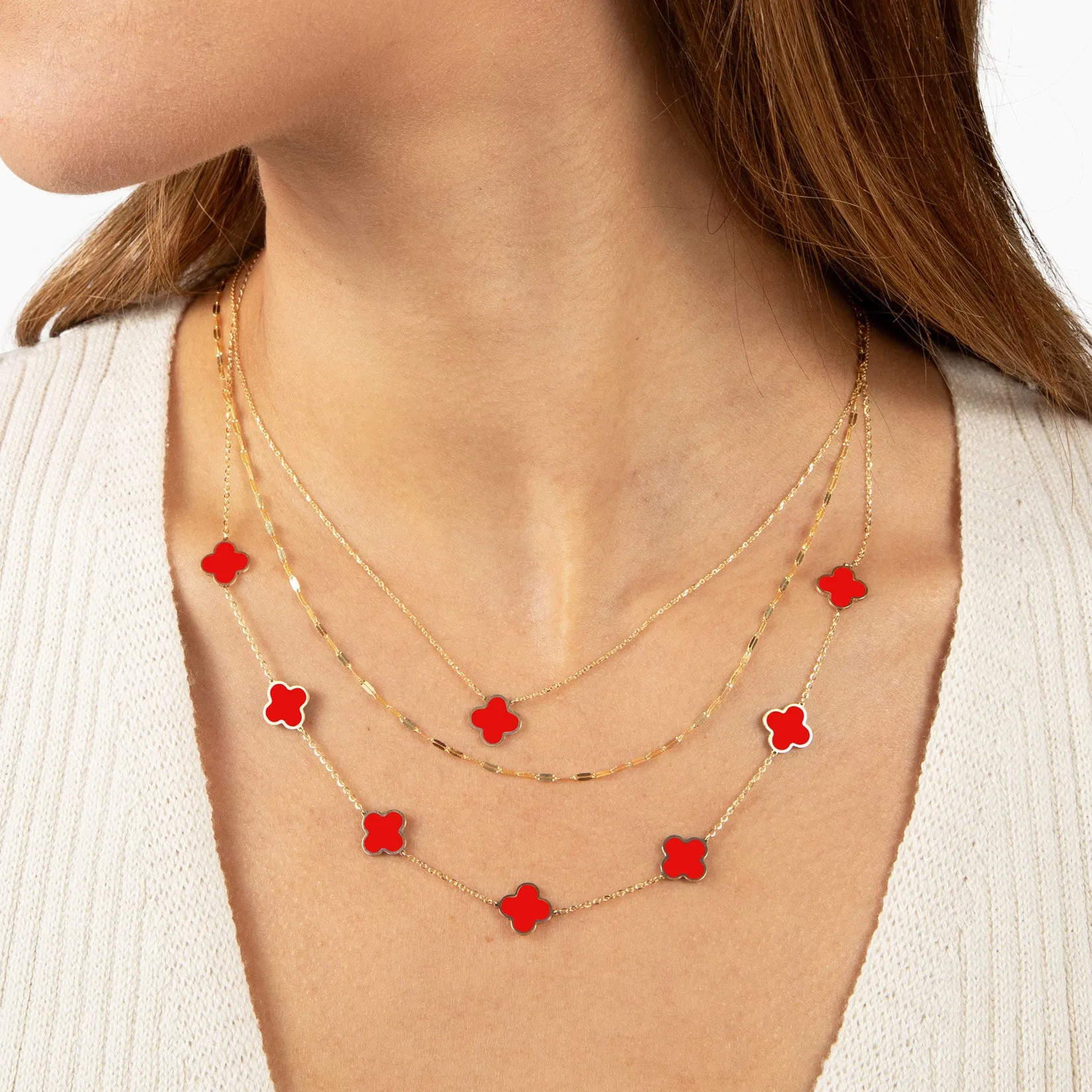 Small Coral Single Clover Necklace