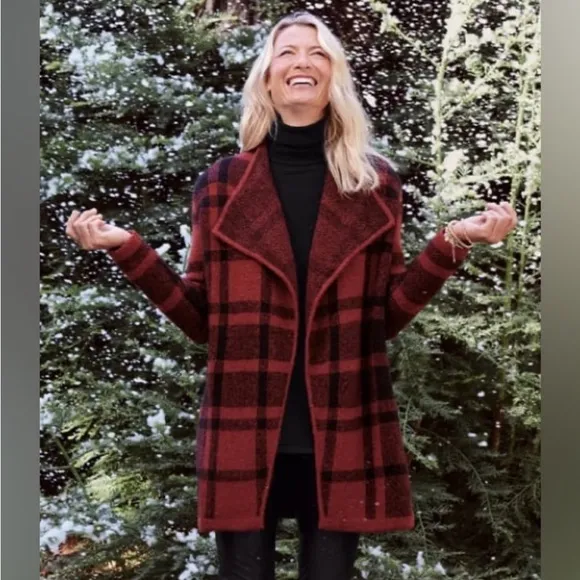 Soft Surroundings Red Plaid Wool&amp;Alpaca Drape FrontCardigan Size PXS.