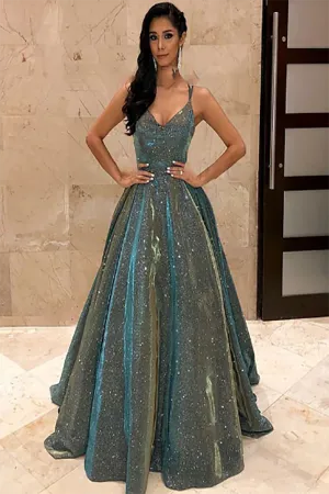 Spaghetti Straps Sage Sleeveless Long Prom Dress with Sequin Evening Dress 2020 LPD005