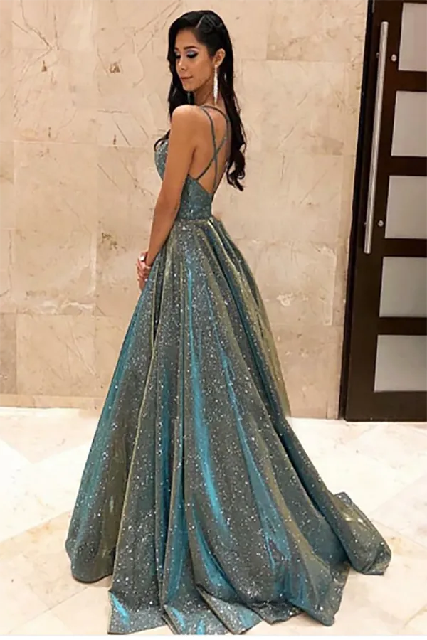Spaghetti Straps Sage Sleeveless Long Prom Dress with Sequin Evening Dress 2020 LPD005