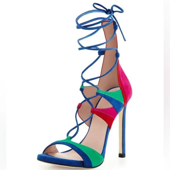 Stuart Weitzman Legwrap Song Colorblock Suede Heels sandals
