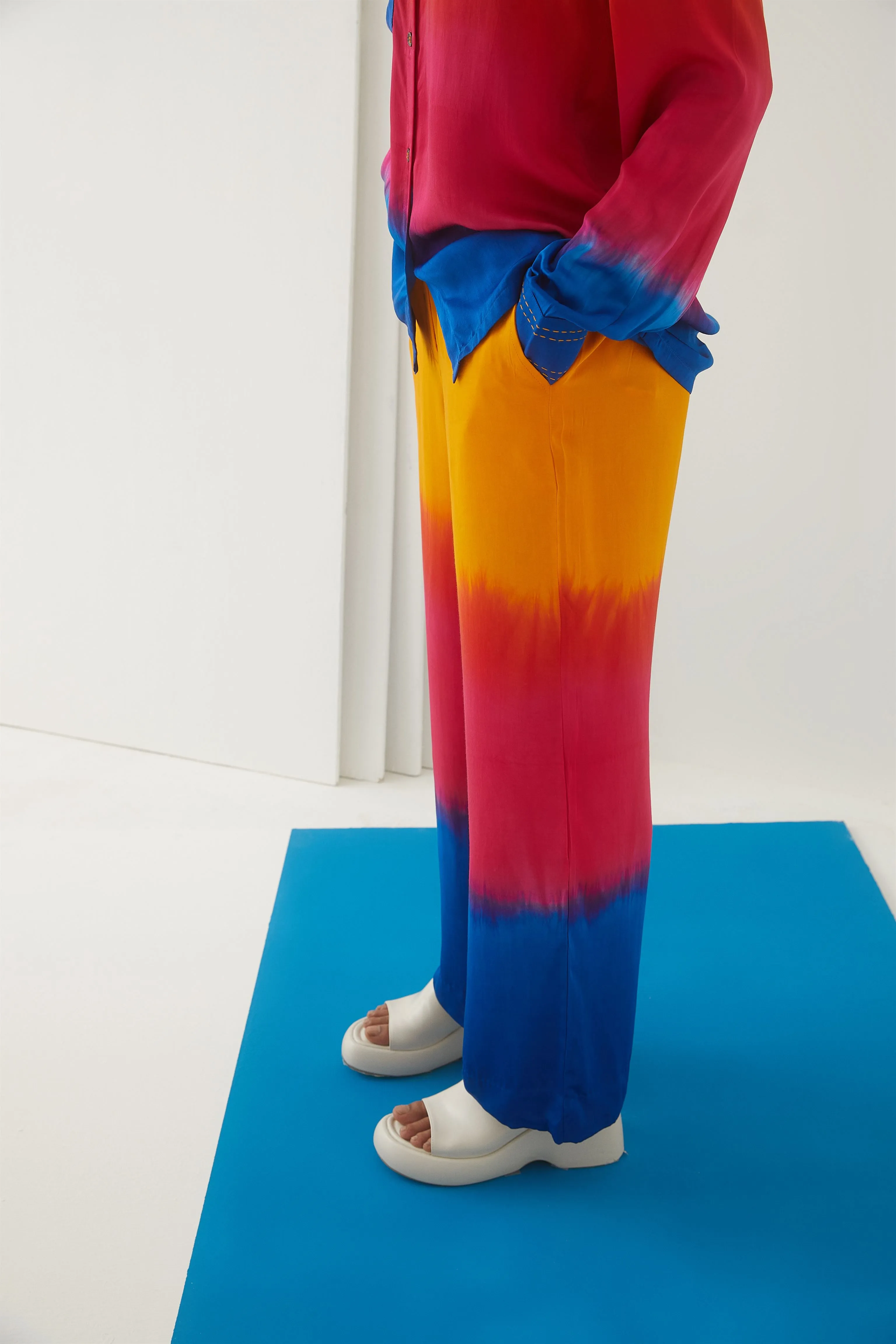 Studio Rigu St.Petersburg Sunset Shirt  Trousers   Beaded Buttons   Top Stitching On Cuffs, Tie Dye Vegan Silk Arcadia Collection