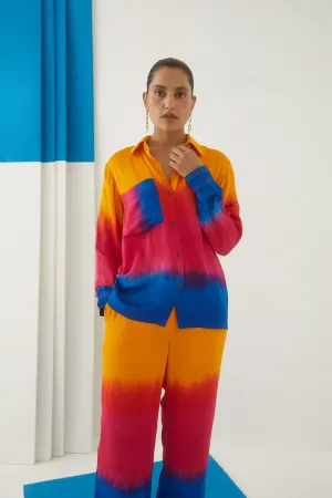 Studio Rigu St.Petersburg Sunset Shirt  Trousers   Beaded Buttons   Top Stitching On Cuffs, Tie Dye Vegan Silk Arcadia Collection