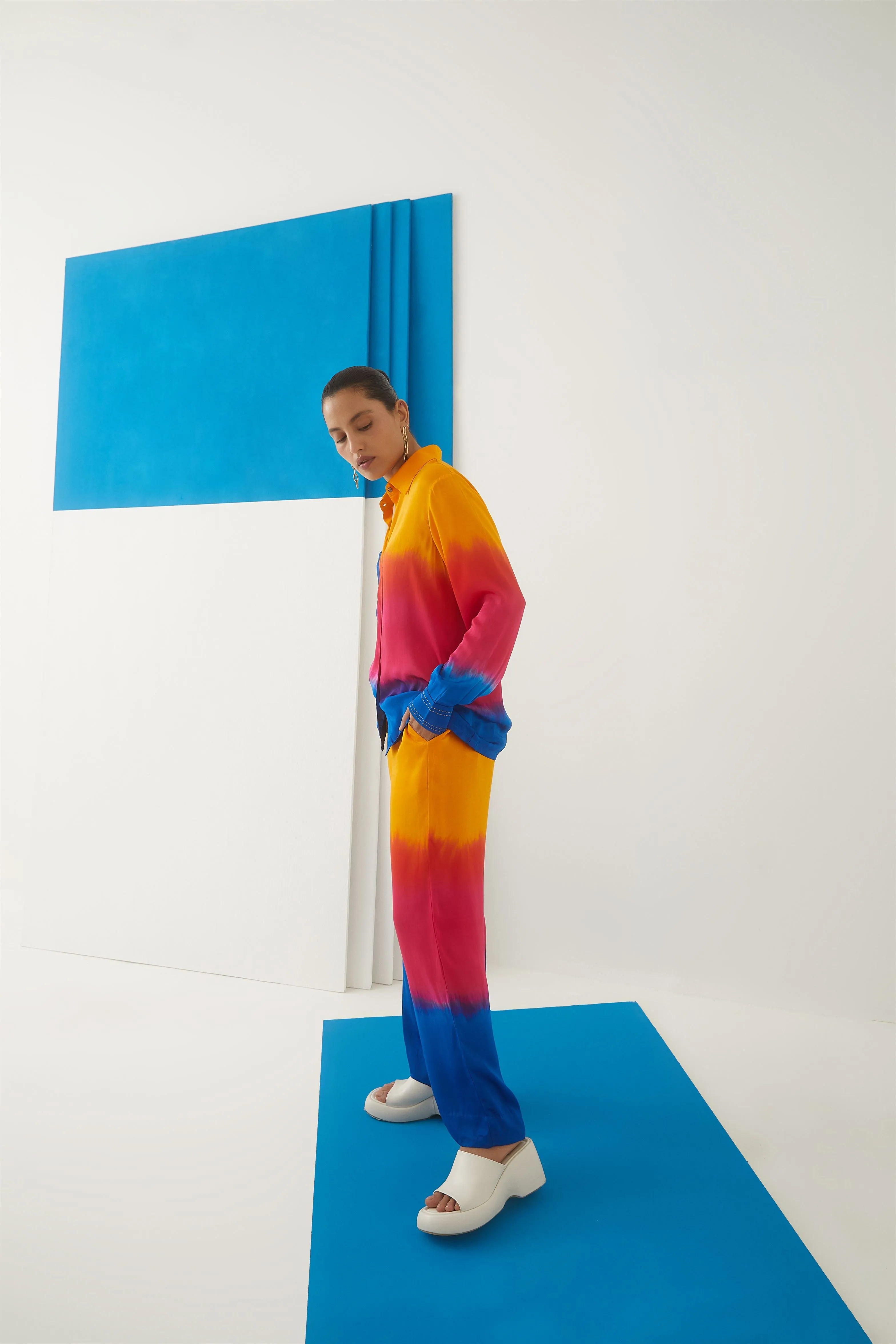 Studio Rigu St.Petersburg Sunset Shirt  Trousers   Beaded Buttons   Top Stitching On Cuffs, Tie Dye Vegan Silk Arcadia Collection
