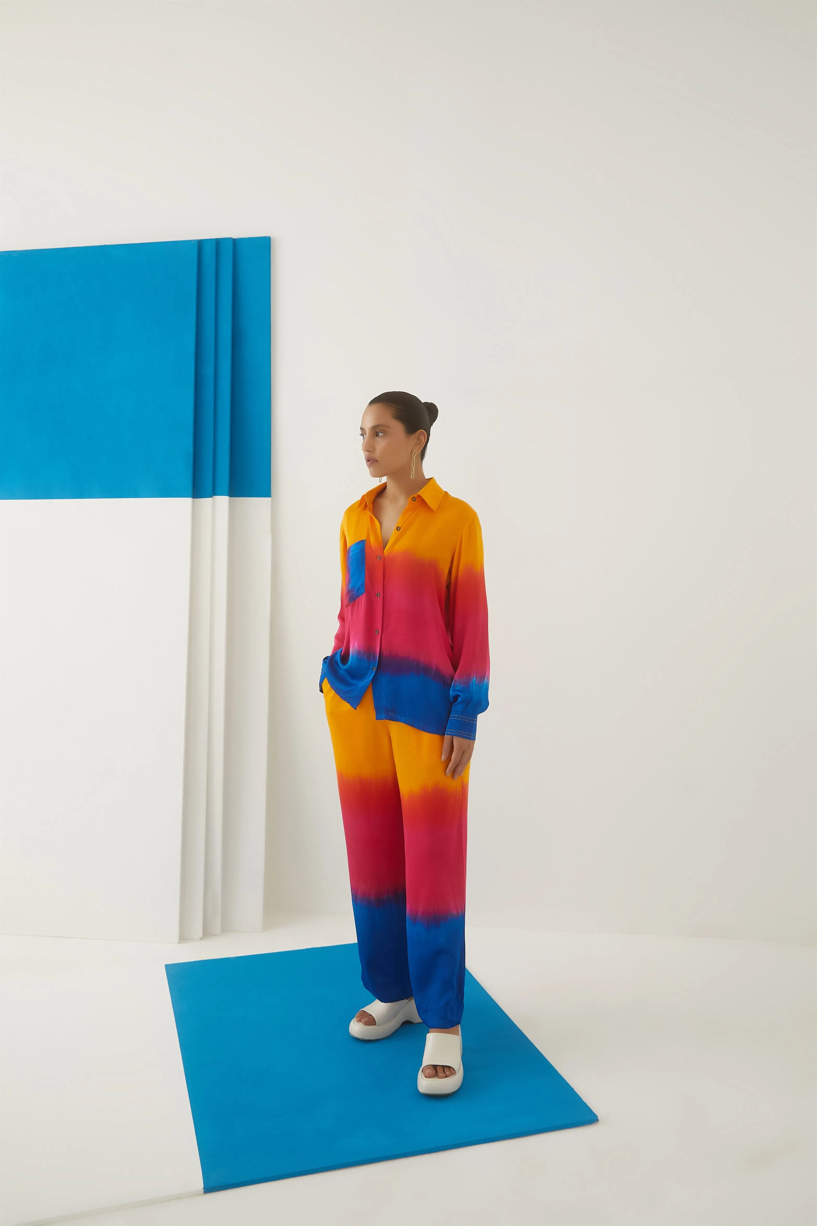Studio Rigu St.Petersburg Sunset Shirt  Trousers   Beaded Buttons   Top Stitching On Cuffs, Tie Dye Vegan Silk Arcadia Collection