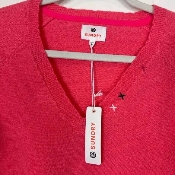 Sundry Pink Wool Cashmere Sweater NWT Womens XS 0 V-Neck Pullover Pink Coral NEW