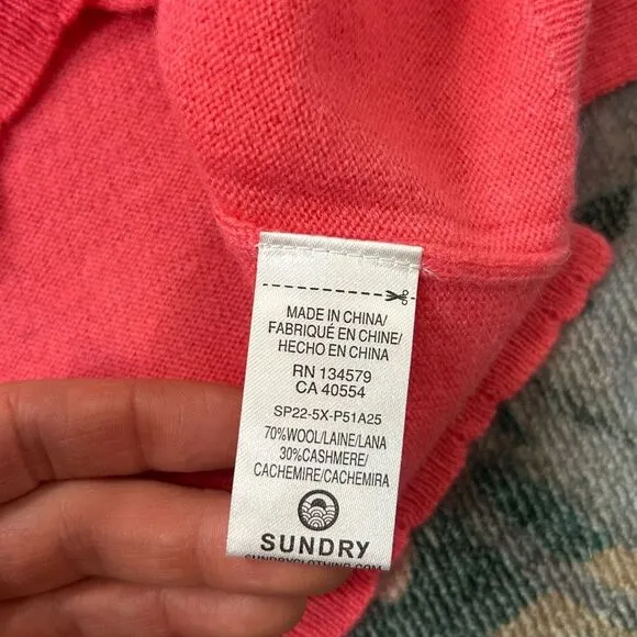 Sundry Pink Wool Cashmere Sweater NWT Womens XS 0 V-Neck Pullover Pink Coral NEW