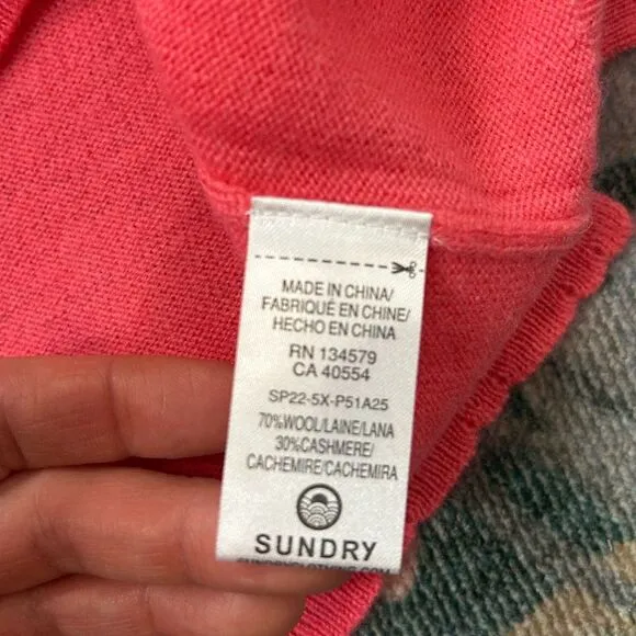 Sundry Pink Wool Cashmere Sweater NWT Womens XS 0 V-Neck Pullover Pink Coral NEW