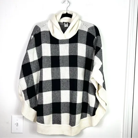 Talbots Black &amp; Ivory Buffalo Plaid Checked Wool Poncho Sweater sz large