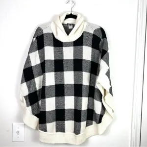Talbots Black &amp; Ivory Buffalo Plaid Checked Wool Poncho Sweater sz large