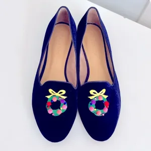 Talbots Navy Velvet Christmas Wreath Flats, Size 9