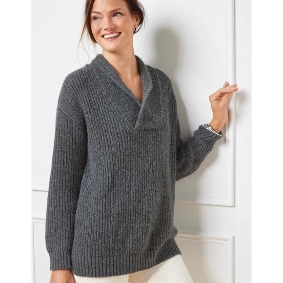 Talbots Shawl Collar Shaker Stitch Wool V Neck Pullover Sweater Oversized Small