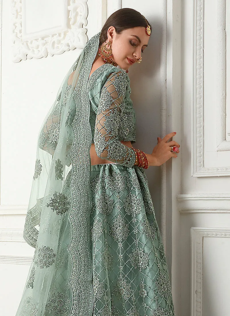 Teal Blue Pearl Embroidered Wedding Lehenga Choli