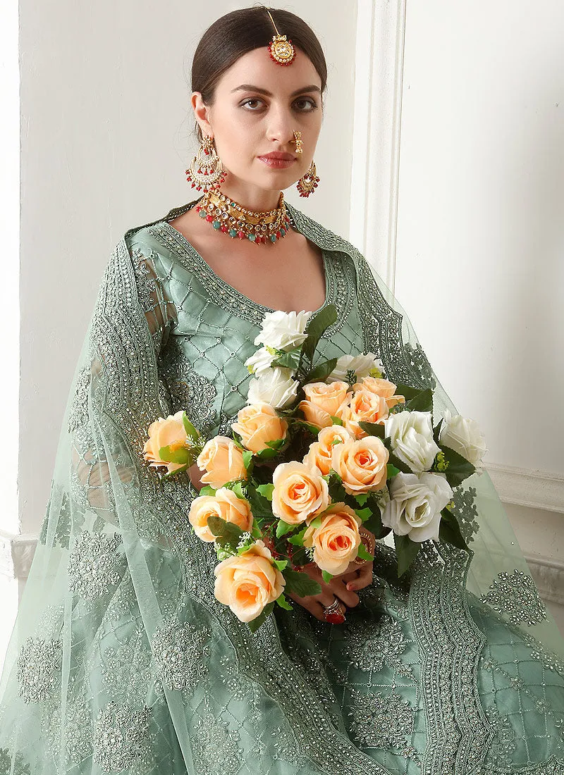 Teal Blue Pearl Embroidered Wedding Lehenga Choli