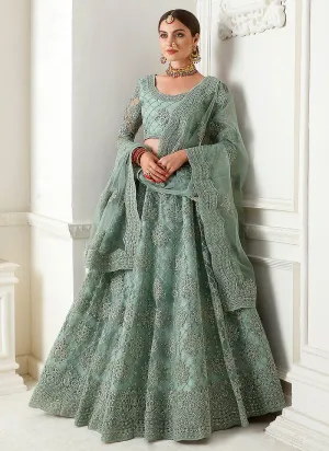 Teal Blue Pearl Embroidered Wedding Lehenga Choli