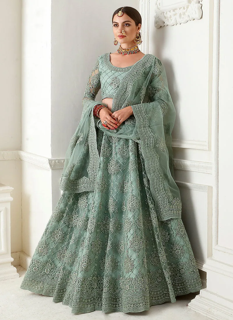 Teal Blue Pearl Embroidered Wedding Lehenga Choli